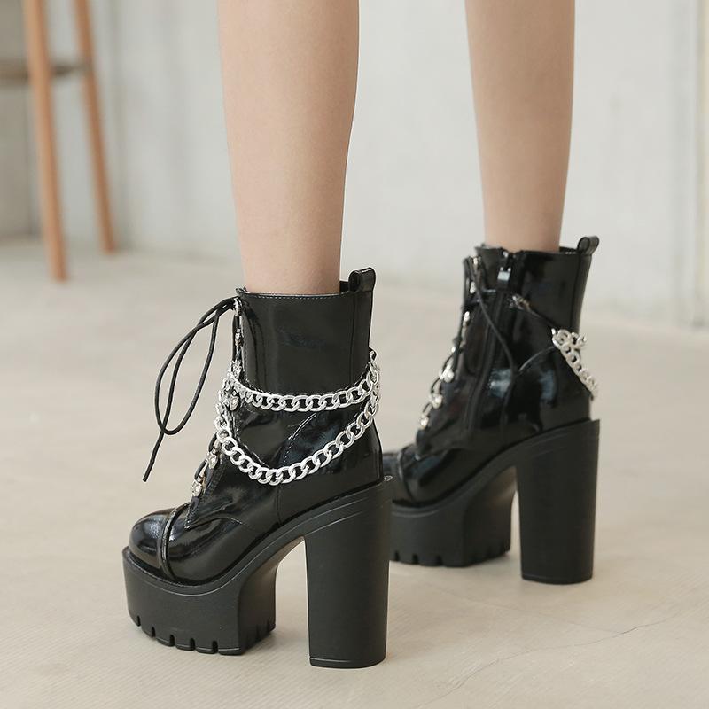 Gothic Punk Boots Fashion Patent Leather Short Boot Metal Chain Design High Heels Boots for Women Side Zip Thick-heel Ankle Boot