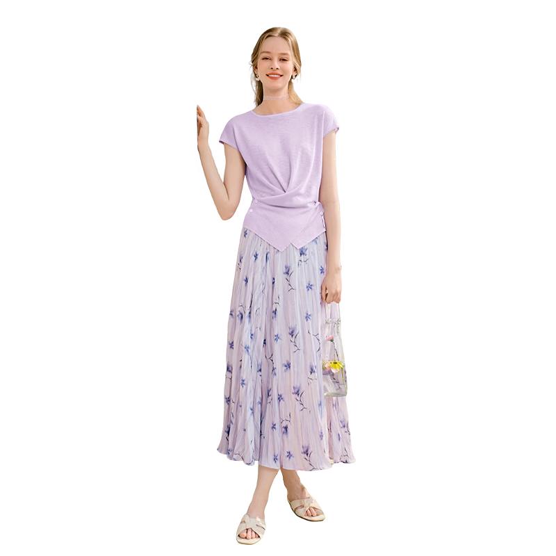 Purple Floral Pleated A-Line Midi Skirt