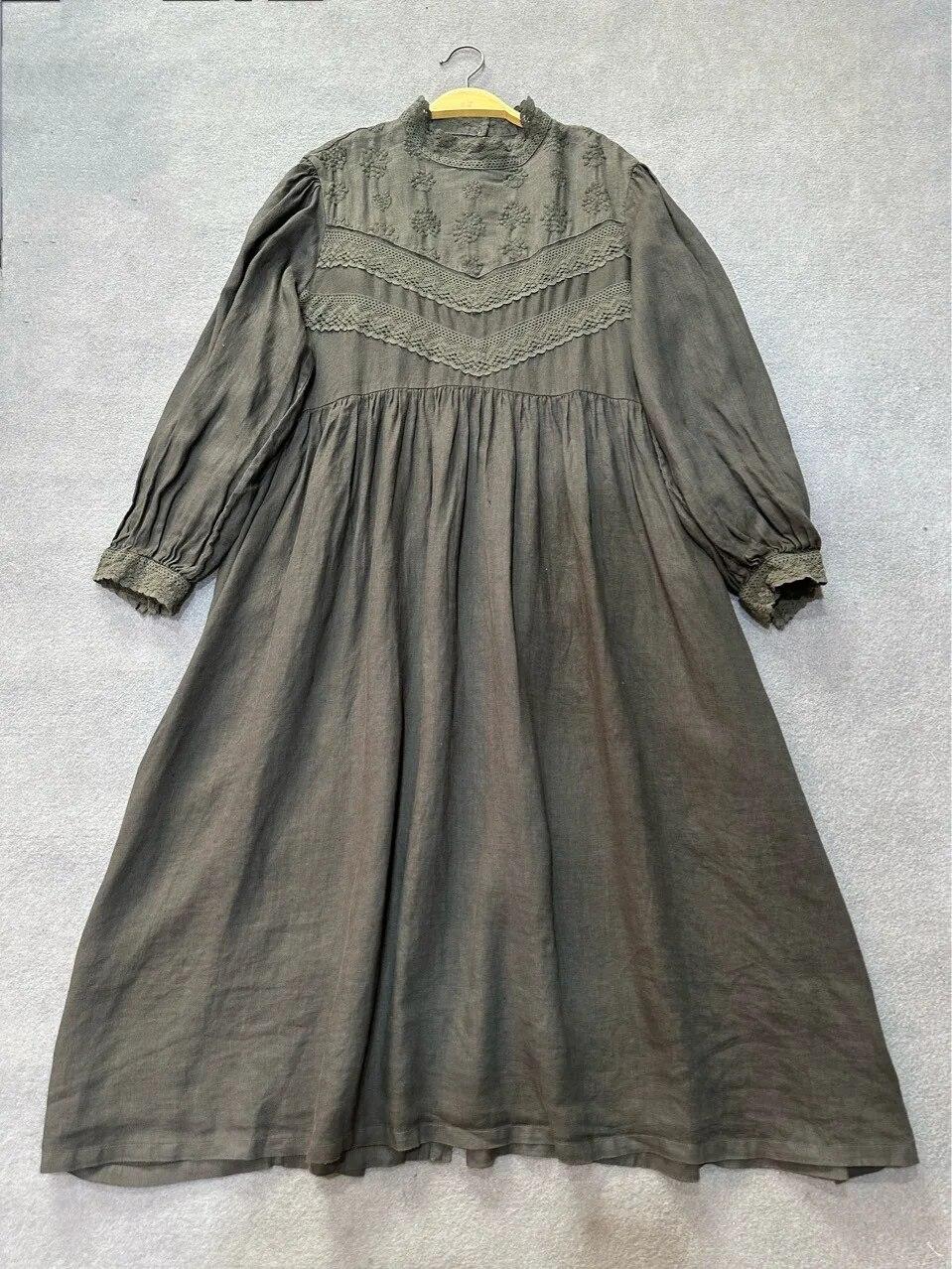 

Жіноча вишита сукня Johnature Japanese Mori, осіння, вінтажна, французька, з пуховими рукавами, мереживним коміром, осіння довга сукня One Size