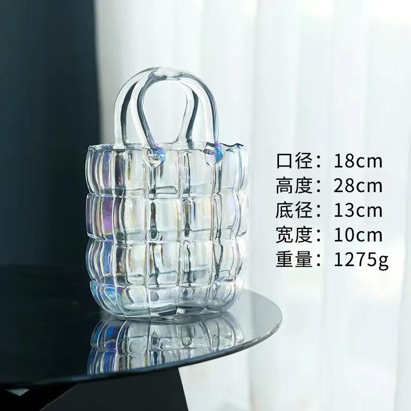 Clear Glass Vase Bag Handbag Basket Transparent Terrarium Flower Vase Floral Arrangement Accessories Living Room Decoration