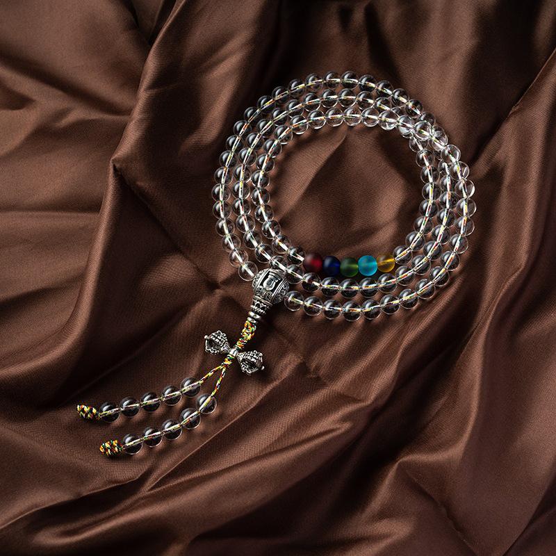 8-12mm White Crystal Buddhist Beads with Glass Rosary & Vajra Accessories.
