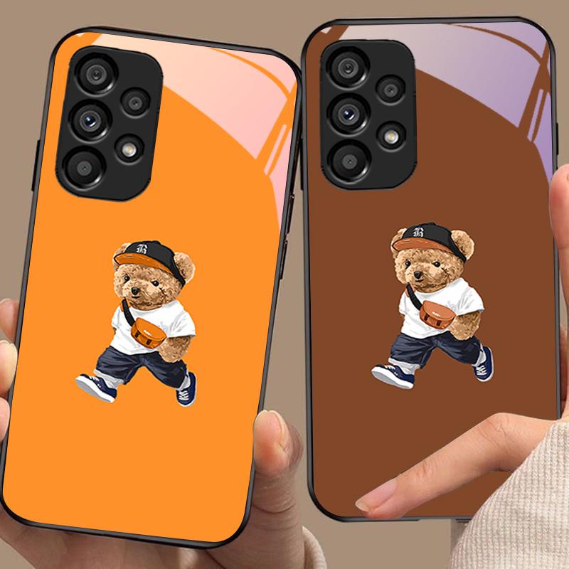 Backpack Bear White For Samsung Galaxy S 8 9 10 20 Plus 21 FE 22 23 24 Ultra S7 Edge Black Tempered Glass Phone Case Hard Shell