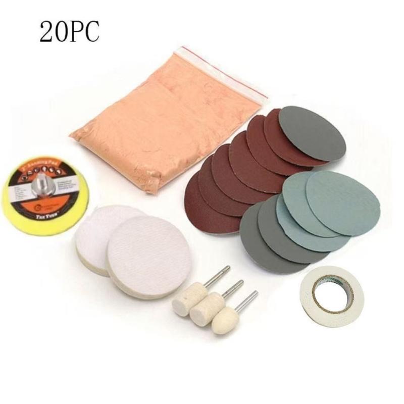 Kit di lucidatura per vetri auto da 20 pezzi con carta vetrata per la rimozione dei graffi e il ripristino del parabrezza, tampone lucidante per vetri auto