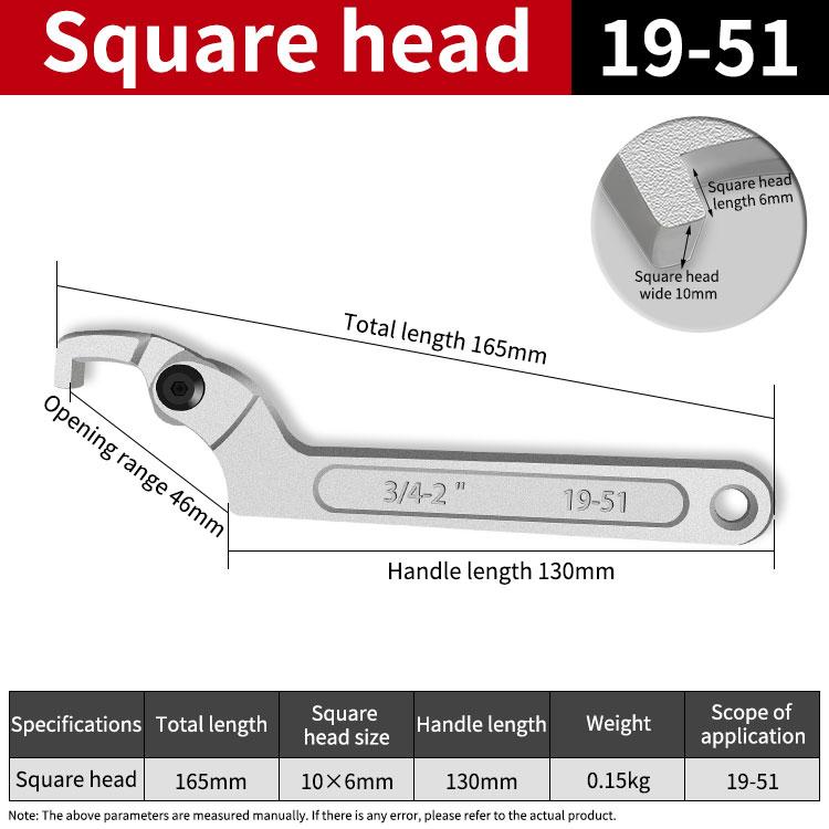 Adjustable Round Pin Spanner Wrench Tool c Type Wrench Hook Spanner Wrench Chrome Plated Adjustable Hook Wrench (as the picture,19-51mm&Square head 19-51mm)