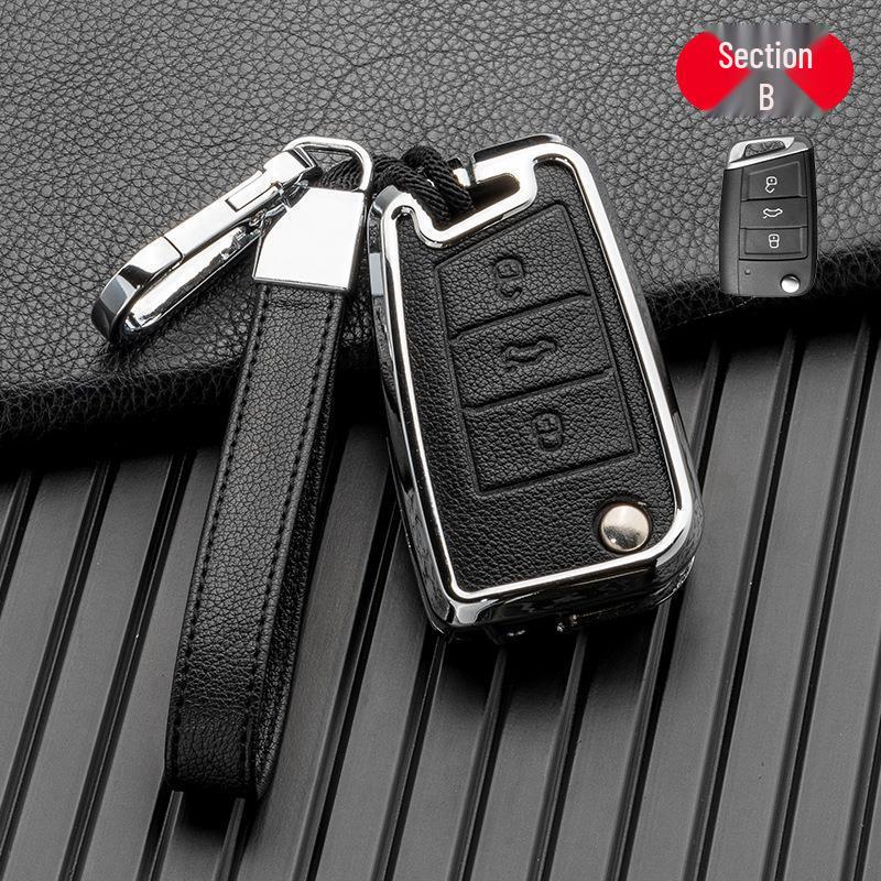 Volkswagen/Skoda Double-Sided Leather Zinc Alloy Car Key Case - Non-Signal Blocking, Full-Wrap Design