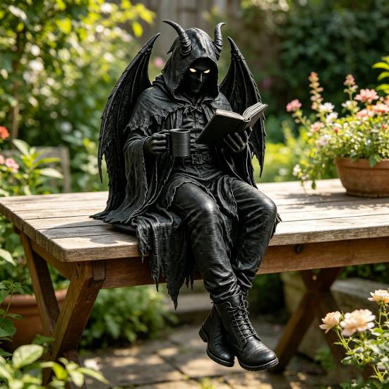 Yousheng Gothic Dark Fantasy Figure, Reading Hooded Grim Reaper Statue, Halloween Resin Sitting Skeleton Figurine for Bookshelf Home