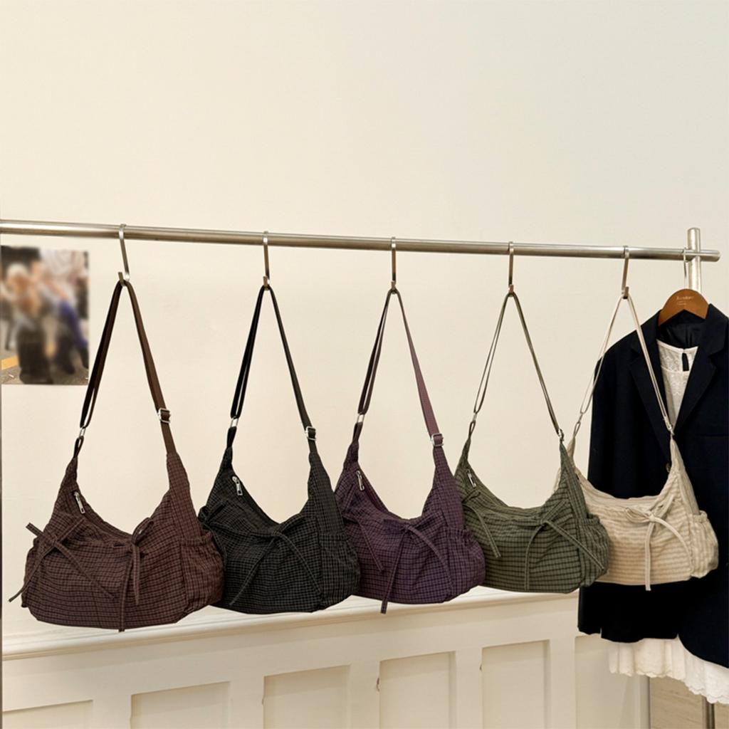 Korean-Style Plaid Lazy Shoulder Bag New Pleated Women'S Single Shoulder Tote Bag Adjustable Shoulder Strap Crossbody Bag Pleated Design