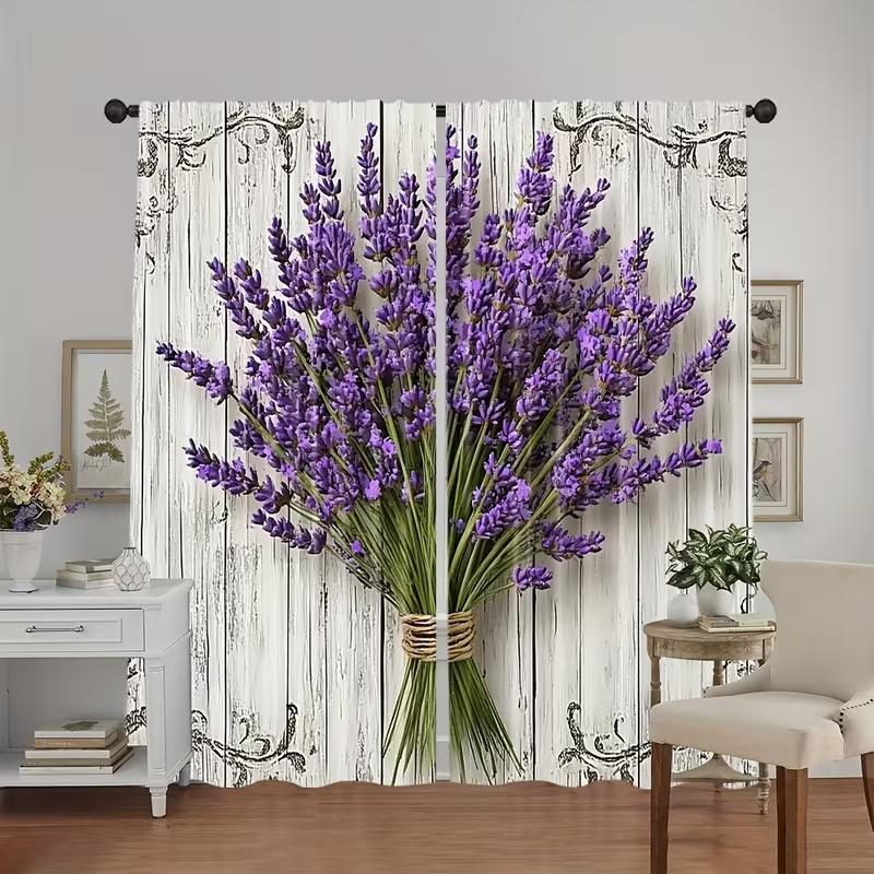 Set Of 2 Lavender Print Curtains Suitable Bedroom Living Room Kitchen Decoration Home Window Divider Curtain For Area Made Polyester