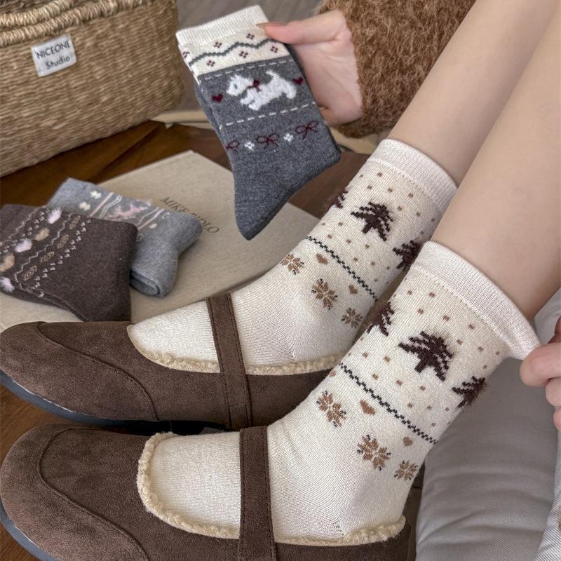 Female Autumn and Winter Warm Thick Bow Cute Puppy Wool Drum Pile Socks