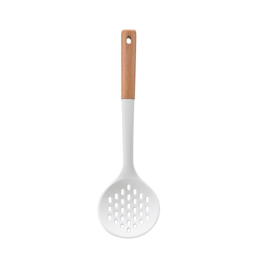 Wooden Handle 8-Piece Silicone Kitchen Utensil Set: Heat Resistant, Non-Stick Silicone Ladle, Spatula, Slotted Spoon with Storage Bucket.