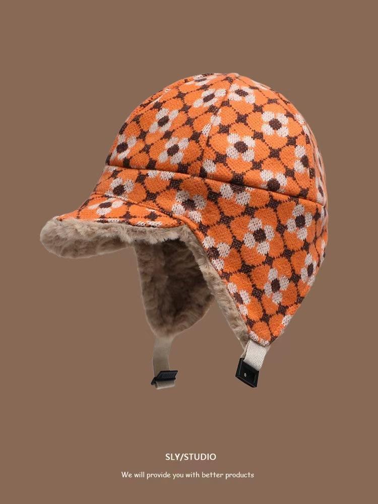 

Дизайнерская плюшевая женская осенне-зимняя ретро клетчатая классическая универсальная шапка-ушанка, модная Adult average size оранжевый