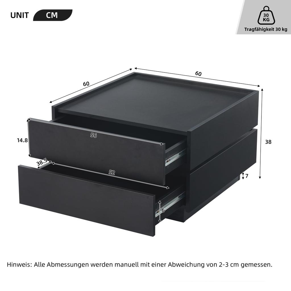 Couchtisch quadratische Drehbarer Moderner 2 Schubladen, kreativer Sofatisch Kaffeetisch, Beistelltisch Mitteltisch Home Office, Schwarz