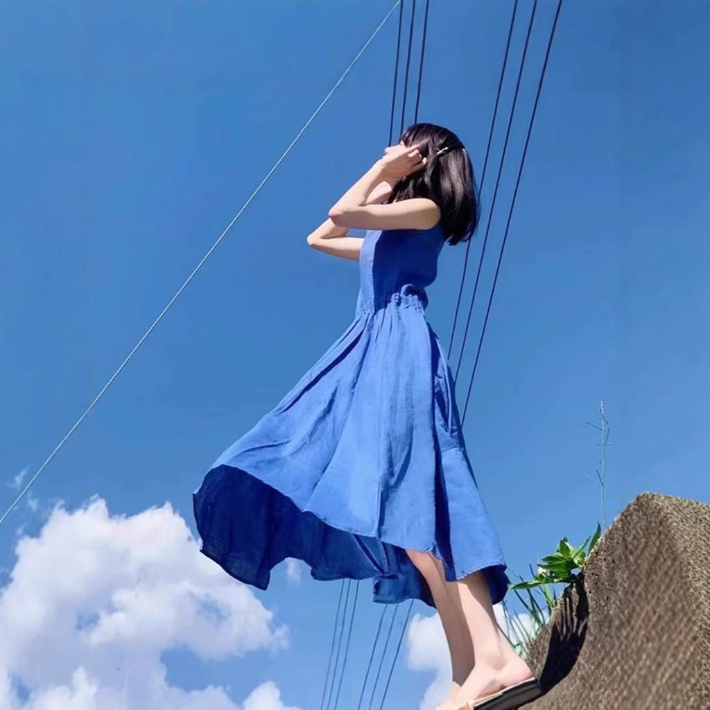 French Small Sleeveless Blue Dress Children's Summer New Seaside Vacation Beach Vest Long Dress