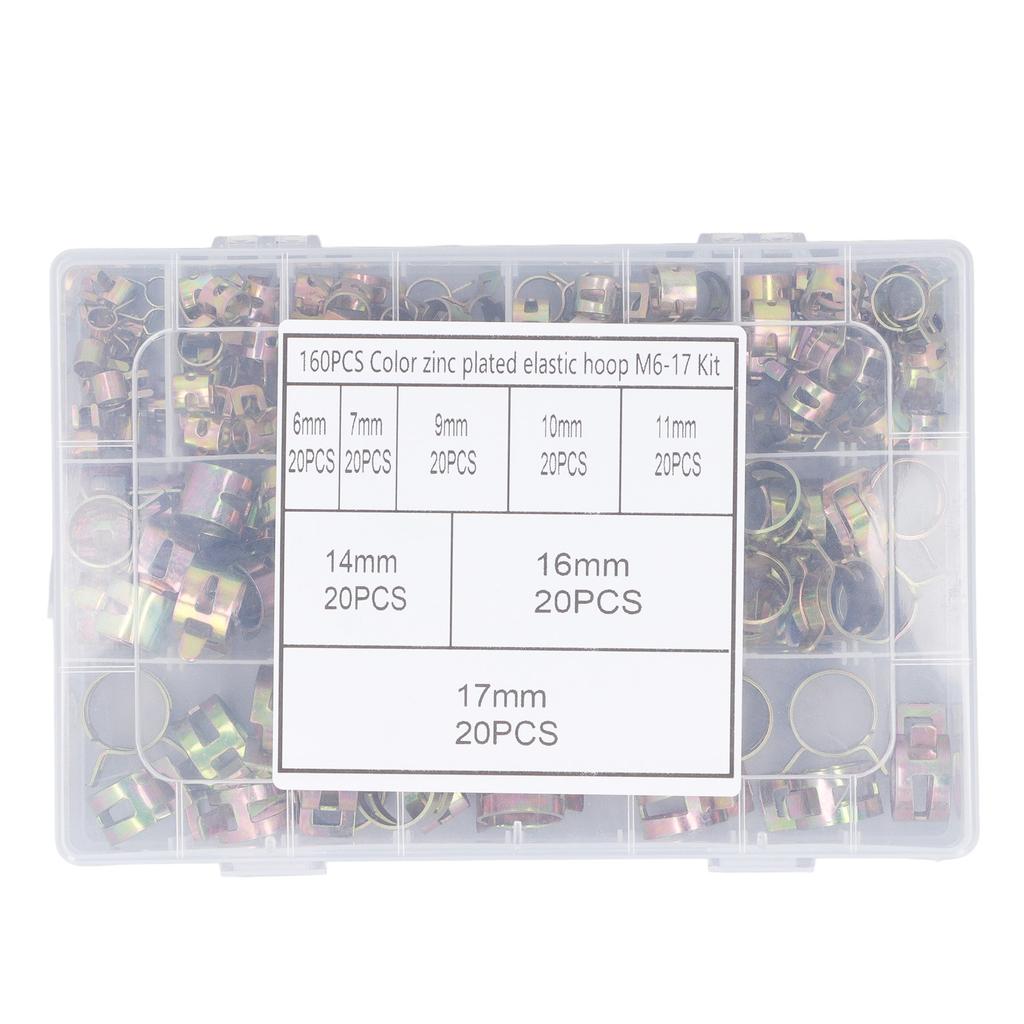 160 Stück Feder-Schlauchschellen 8 Typen 6–17 mm Federband-Typ Clip-Befestigungselemente Sortiment zum Befestigen