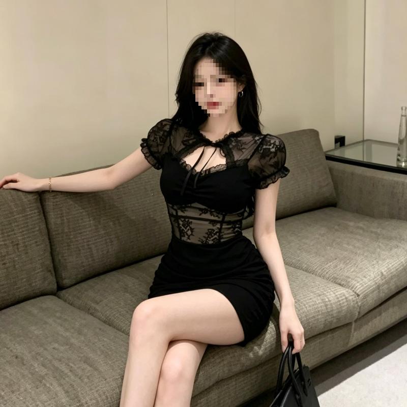 Sexy Style Black Lace Jacquard Pleated Splicing Dress Women's Small Summer Lace-up Hollow Hip-wrap Skirt