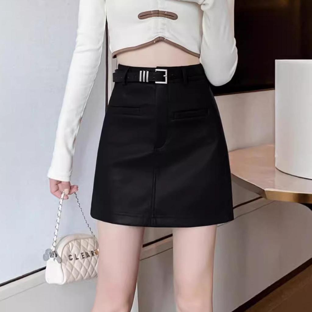 Women's Coffee Leather A-Line Mini Skirt - High-Waisted, Slimming, Petite Fit for Spring & Autumn