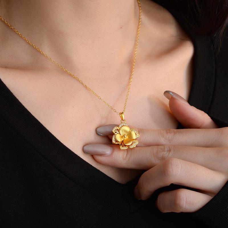 Luxury 24K 9999 Pure Gold Real Gold Women's Double-layer Flower Pendant Necklace
