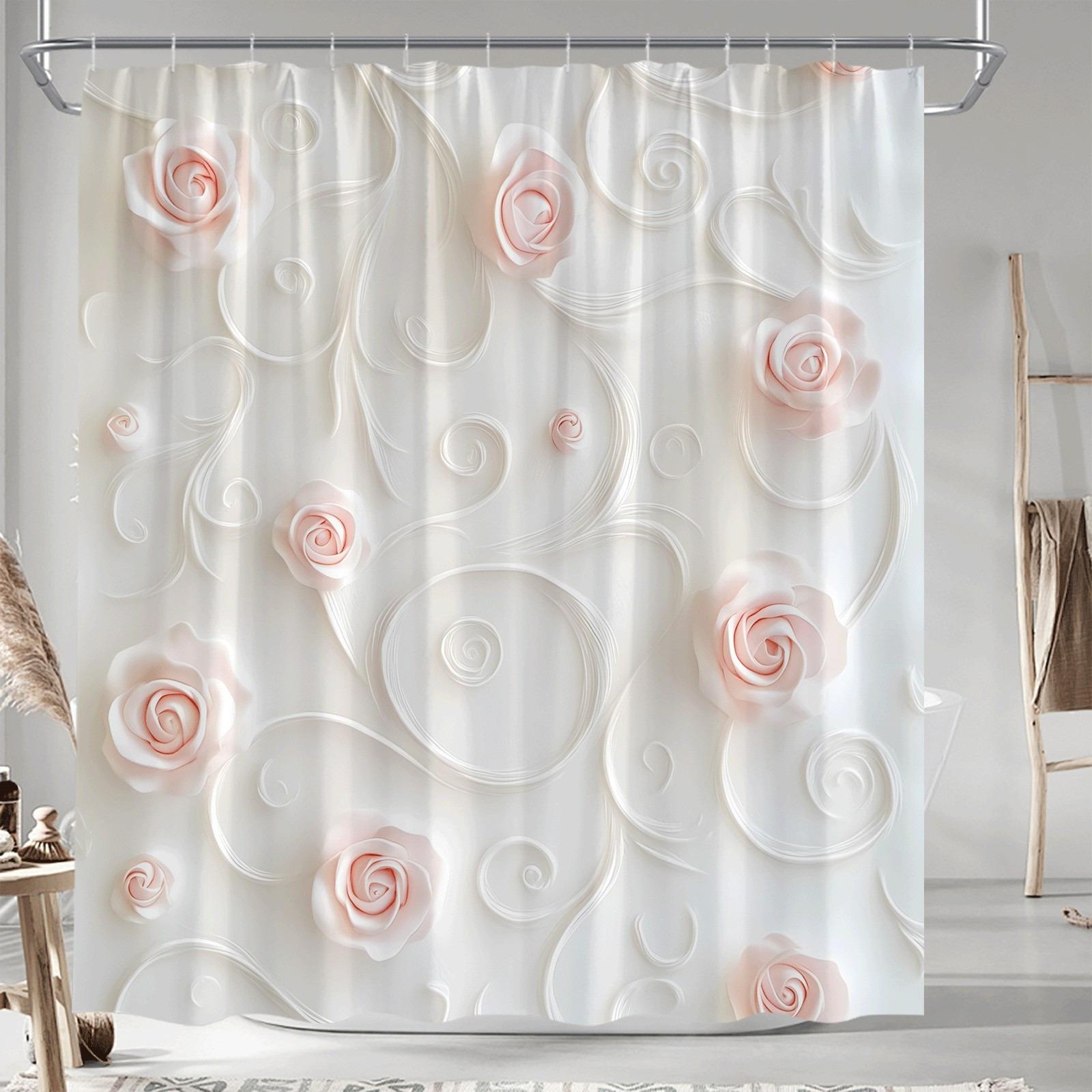 

Graceful White Flowers Shower Curtain Washable Dirt-Resistant Shower Head Waterproof Polyester Bath Curtain For Home Decor W60H190(CM)-1 Pcs
