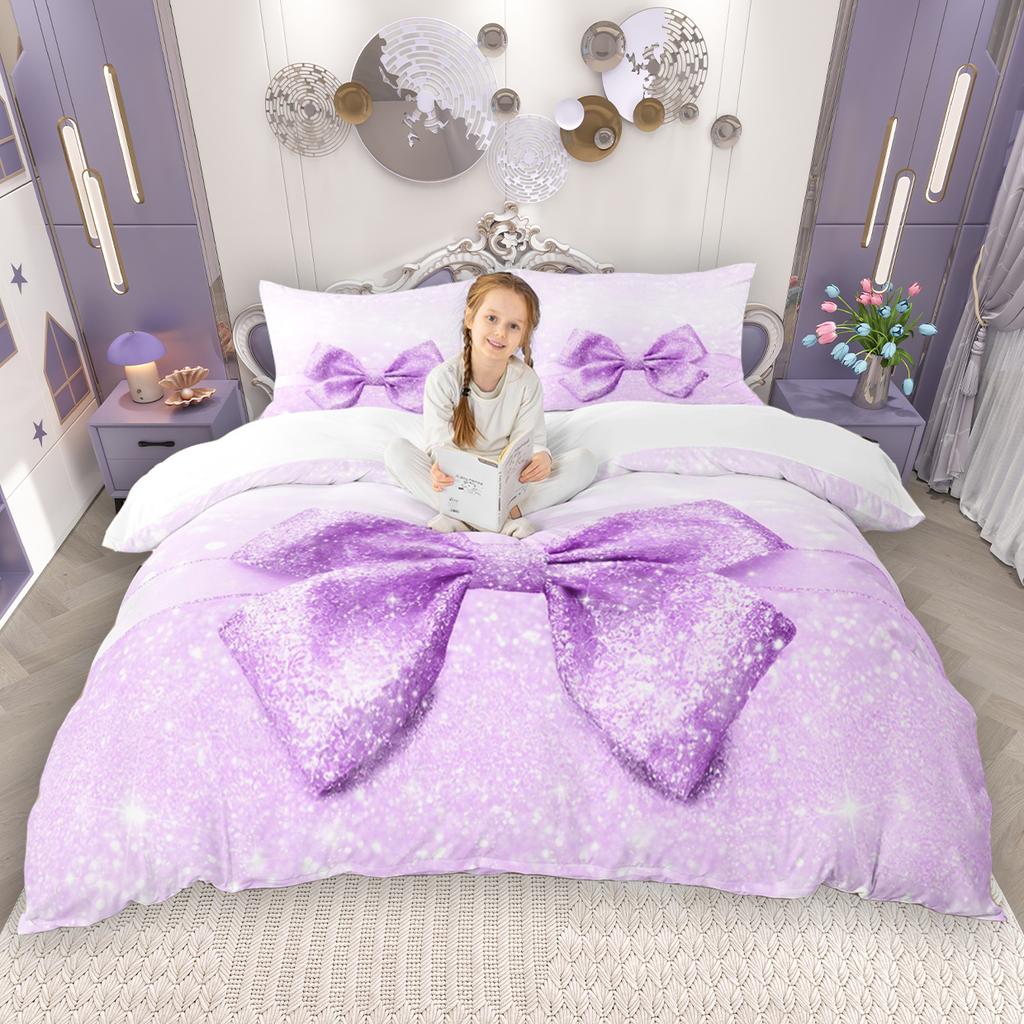 Homewish Kreskówkowy Zestaw Poszewki na Kołdrę z Kokardką 2szt./3szt. dla Dziewczynek, Różowy Zestaw Pościeli z Kokardą, Księżniczkowy Zestaw Pościeli z Wstążką