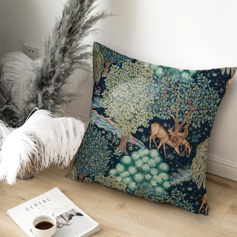 2 Pack Dark Teal Deer Forest Pillow Covers Double Sided Print William Morris Botanical Cushion Cases Home Decor
