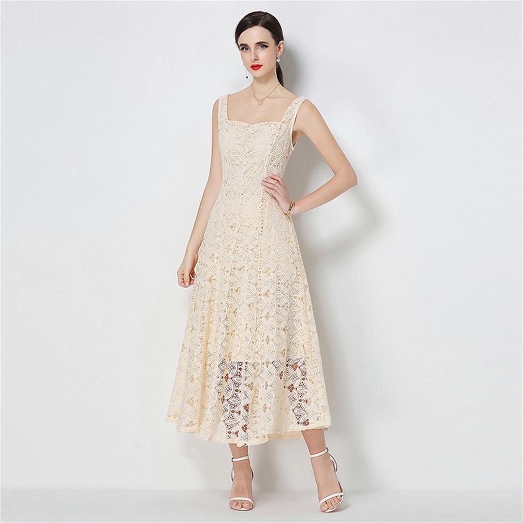 Elegant Sommer Heklet Broderi Blonder Lange Kjoler Dame   Sexy Tynn Stropp Kveldsfestkjole Vestidos De Fiesta