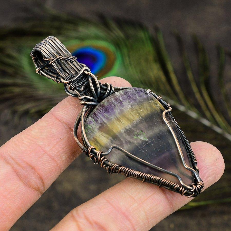Natural Fluorite, Moonstone Gemstone Copper Wire Wrap Gift Pendant 2.99" J8D92