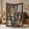 [2D FLAT PRINTING] 1pc Retro Hunting Slogan Deer Head Checkered Patchwork Outdoor Style Flannel Blanket - Large Size, Soft, Lightweight, And Warm, Sui