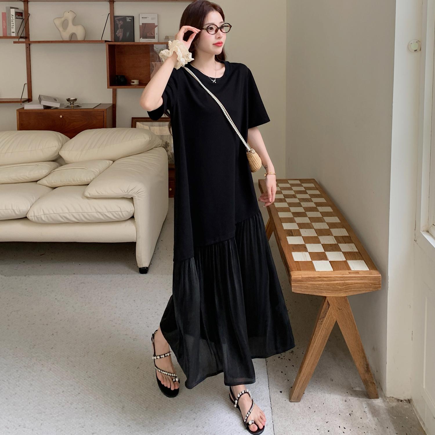 

DIMANAF 2025 Summer Plus Size Dress Women Loose Casual Dress Basic Vintage Short Sleeve Elegant Long Black Dress 3XL чёрный