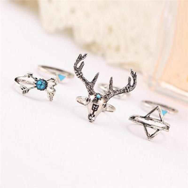 Vintage Gold And Silver Boho Gypsy Deer Head Triangle Turquoise Alloy Rings For Men And Women