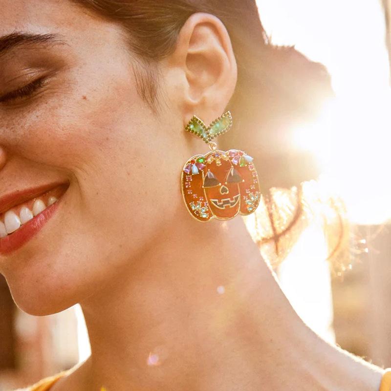 Halloween Earrings Diamond Skull Alloy Ornaments Pumpkin Head Witch Earrings Bat Earrings