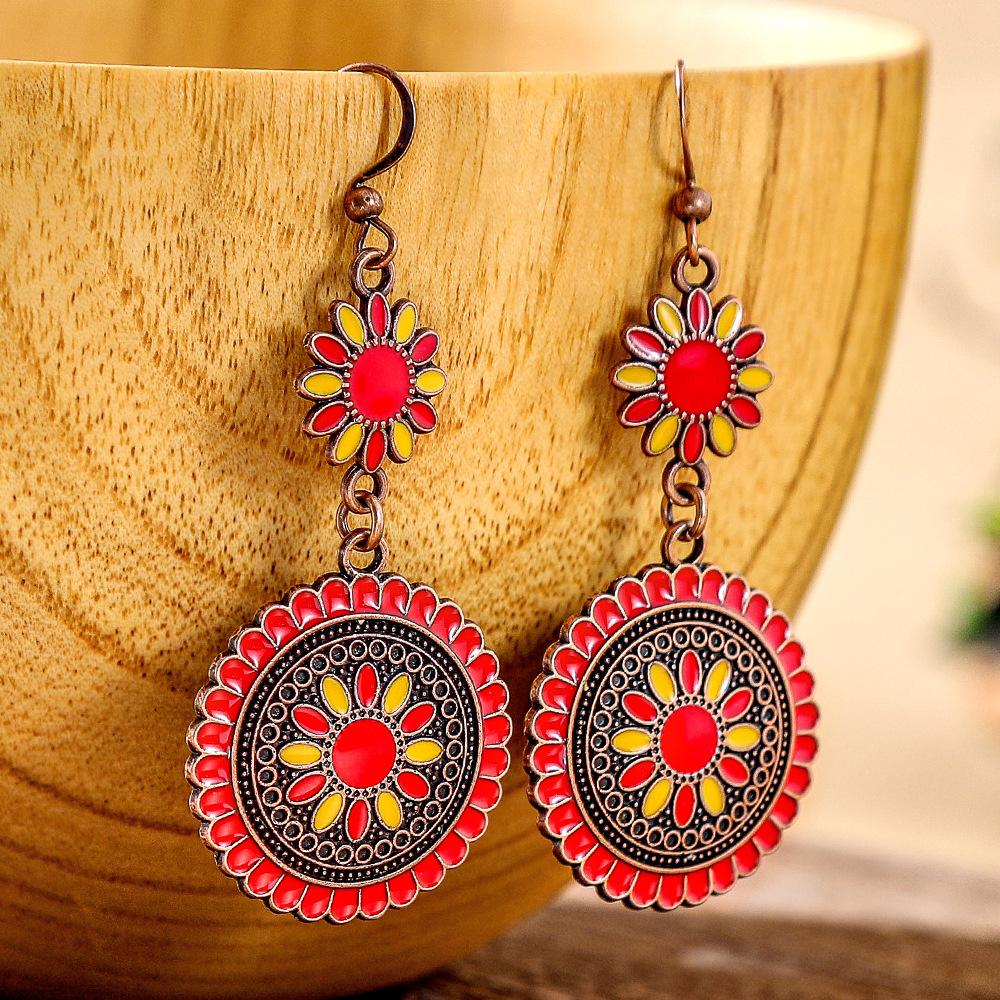 12 Colors Ethnic Vintage Enamel Sun Flower Earrings for Women Elegant Fresh Dangle Earrings Boho Vacation Party Jewelry