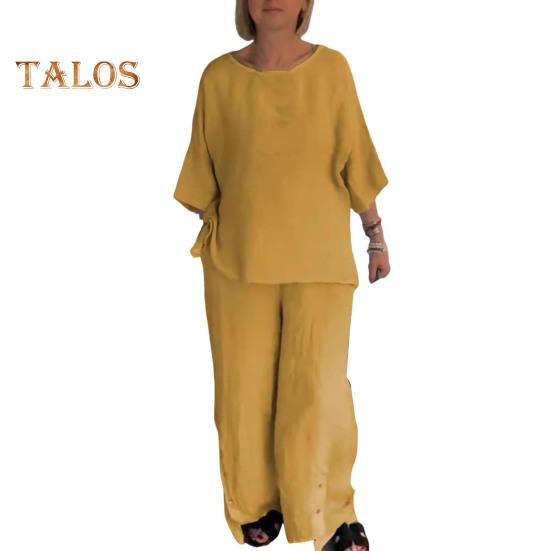 2 Pcs/Set Women Shirt Pants Set Solid Color O Neck Three Quarter Sleeve Top Wide Leg Elastic Waist Loose Pants Commute Clothes Blouse Trousers Set