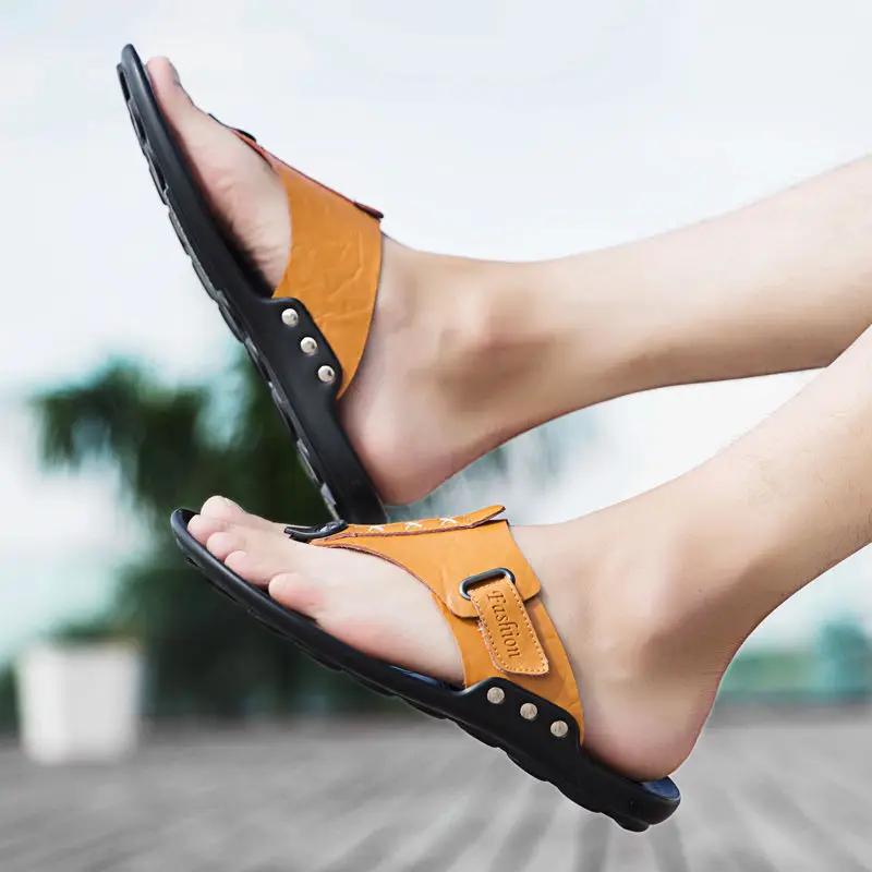 Fashion Platform Slippers for Men Shiatsu Flat Sandals Man Genuine Leathe Shoes Flip Flops Eva Summer Sale Mascullino Y2k Clappers 2025