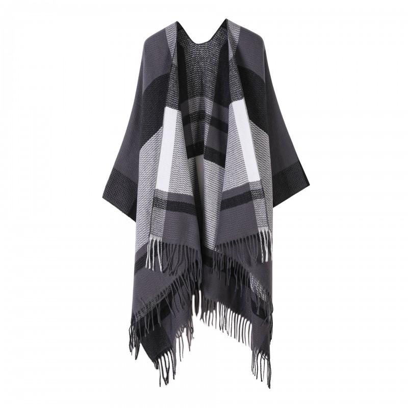 Damen Winter Schal Mit Fransen Schlitz Colorblock Karomuster Gestrickter Wickelschal Warmer Kunstkaschmir Umhang Büro