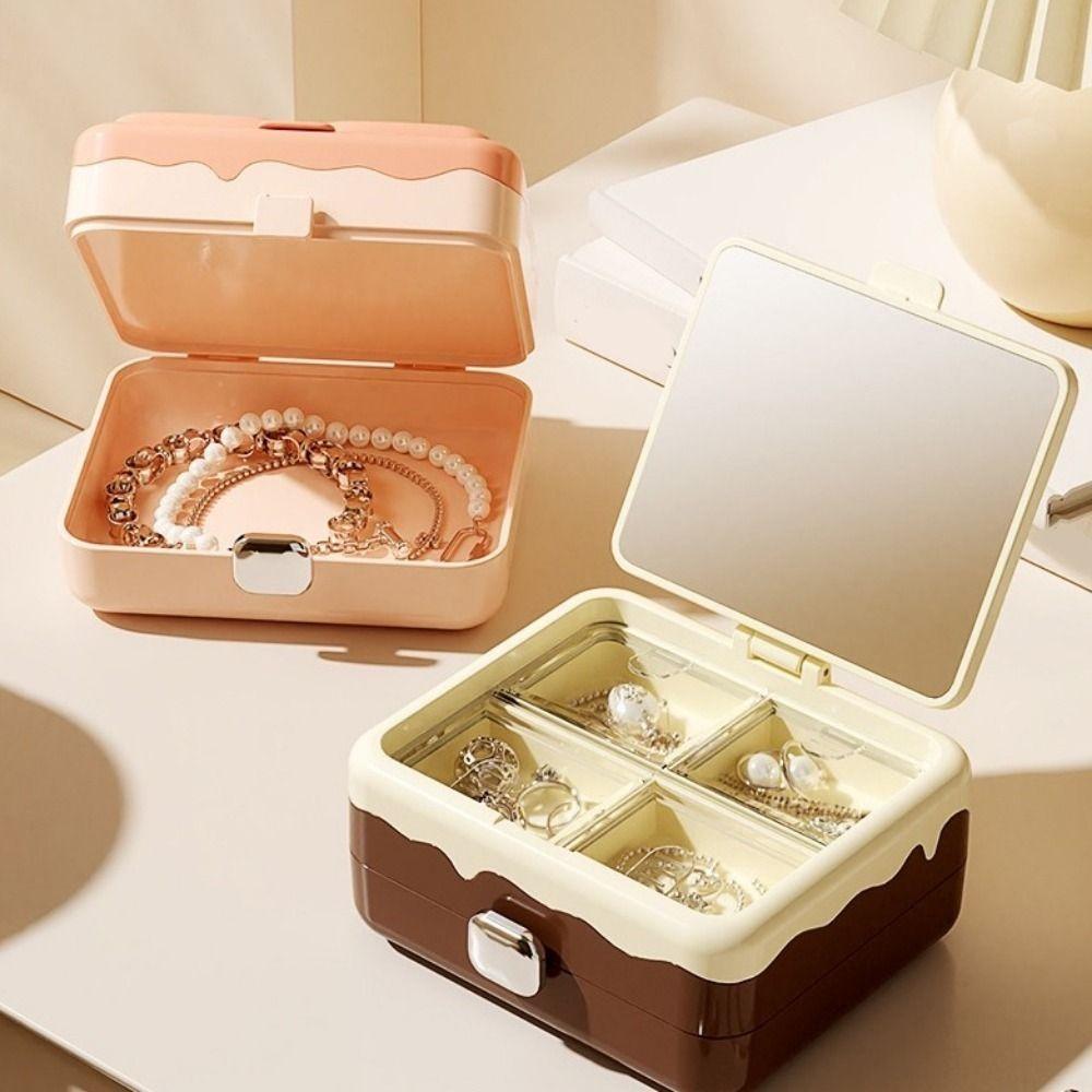 2Pcs Portable Plastic Double-layer Storage Box Mini Cream Series Jewelry Case with Mirror Exquisite Jewelry Storage Box Travel