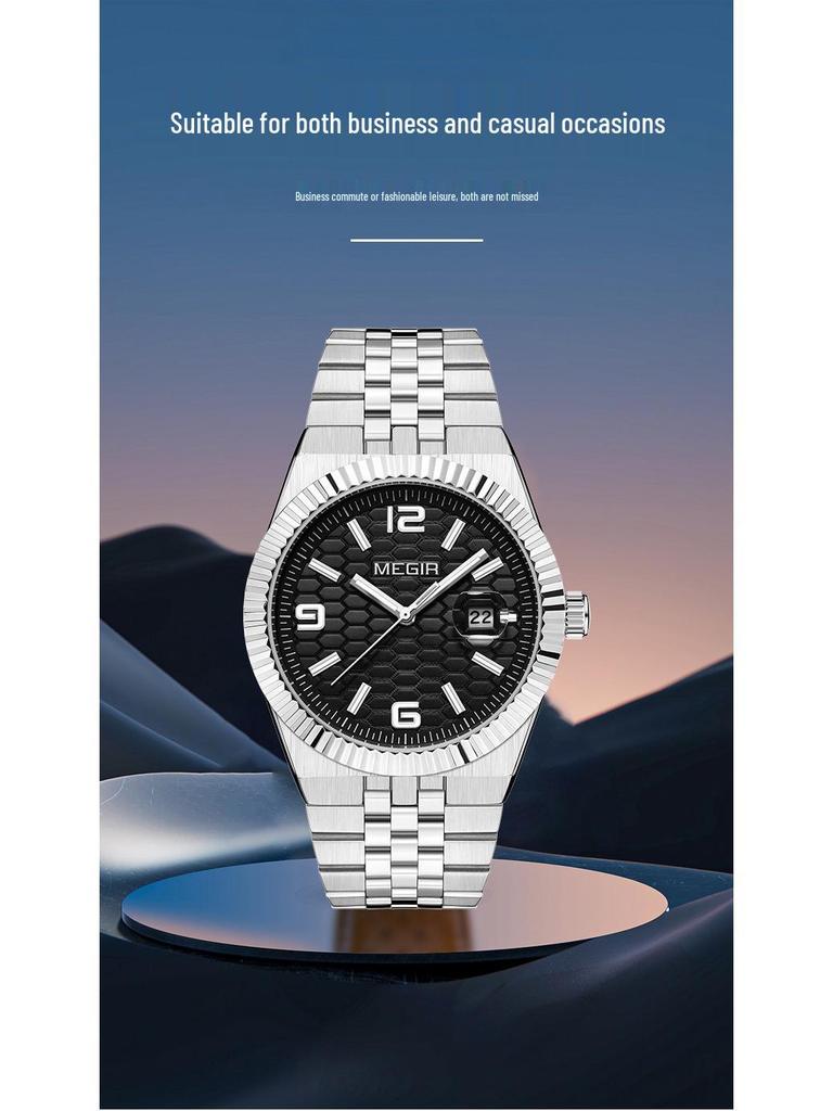 MEGIR Lucifiel Men's Luminous Waterproof Steel Band Quartz Calendar Watch