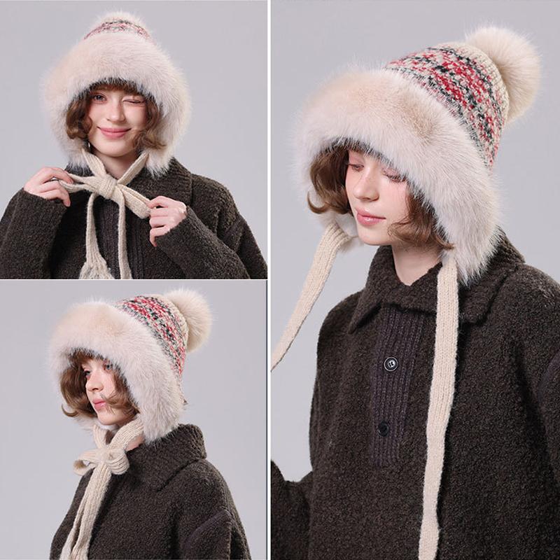 Winter Retro Big Fur Collar Fur Ball Knitted Hat Women's Outdoor Windproof Face Protection Hat