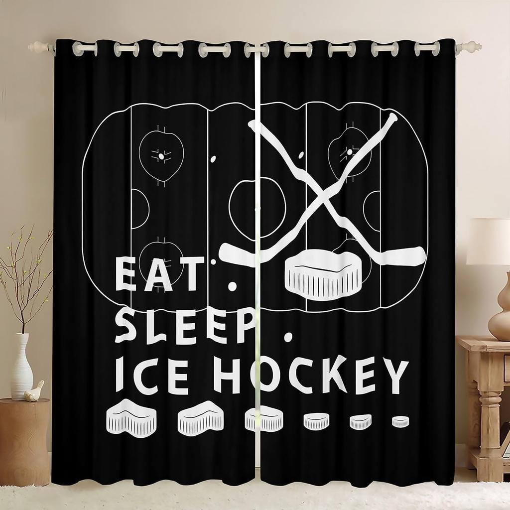 Ice Hockey Curtain Living Room Pucks Sports Ball Games Panel Winter Extreme Sport Theme Curtains Drapes Blackout Polyester Ideal For Sitting