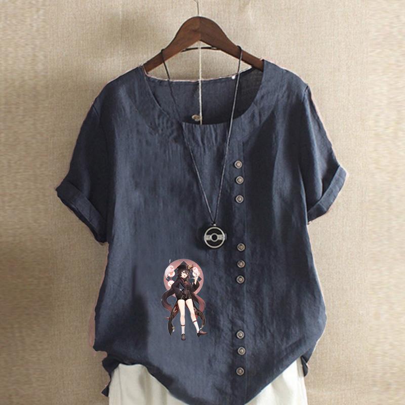 Damenmode Cartoon-Figuren Bedrucktes Kurzarm-T-Shirt Locker Baumwollhemd Lässige Lockere Sommerbluse Tops Übergröße