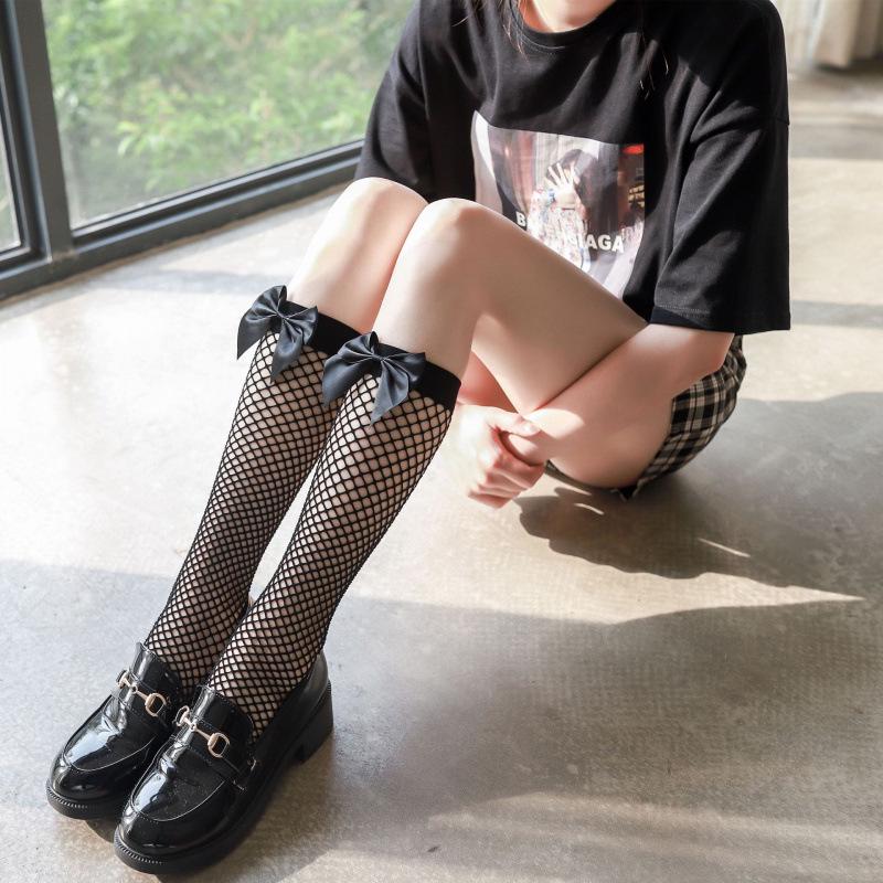 Women's Japanese Style White Lolita Fishnet Mid-Calf Socks with Cute Bow Knot