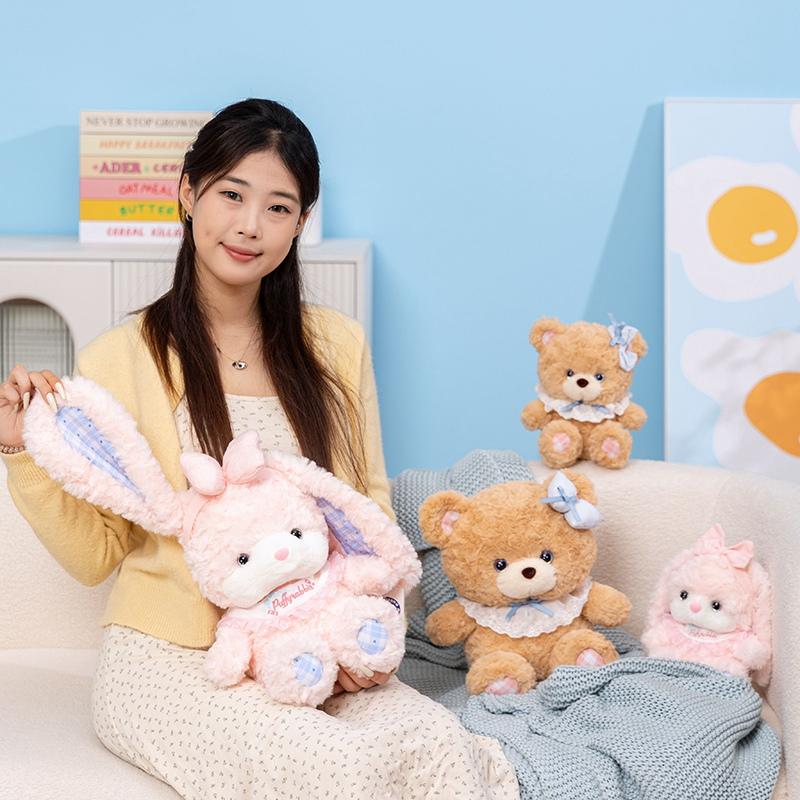 Kawaii Bear / Rabbit Plush Toys Adorable Bunny Dolls Stuffed Hug Pillow Soft Animal Cushion Girls Kids Birthday Christmas Gifts
