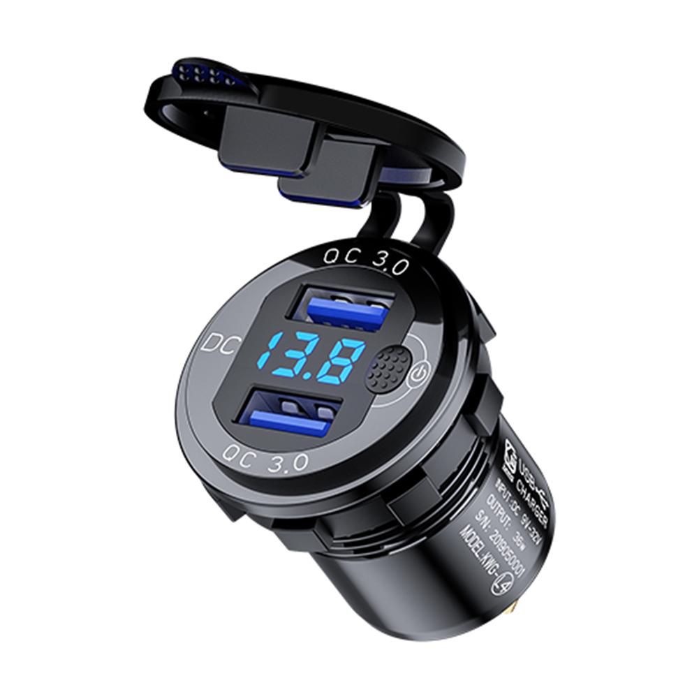 Power Outlet Dual USB LED Light Car Cigarette Lighter Dual USB Charger QC 3.0 Aluminum Alloy Power Plug Outlet Digital Voltmeter