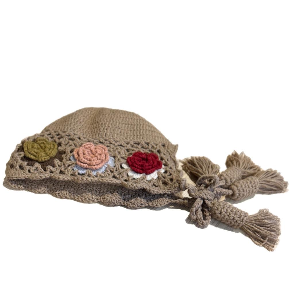 Korean Style Hand-knitted Flower Knitted Pullover Hat for Women In Autumn and Winter Warm Ethnic Style Travel Style Tassel Ear Protection Hat