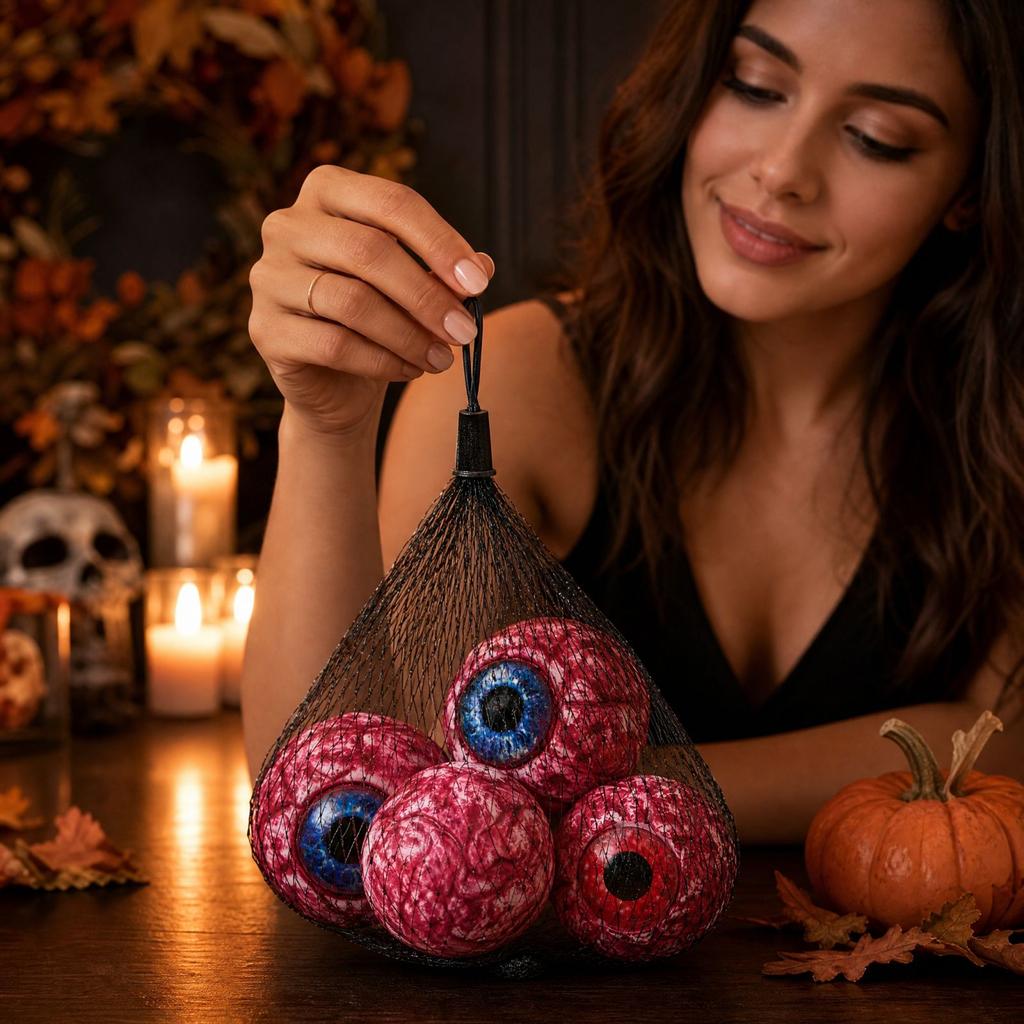 Halloween Bloody Eyeball Decorations, 4 Pack Mesh Bag, Realistic Scary Eyeballs for House Party Favors, Horror Themed Home Decor