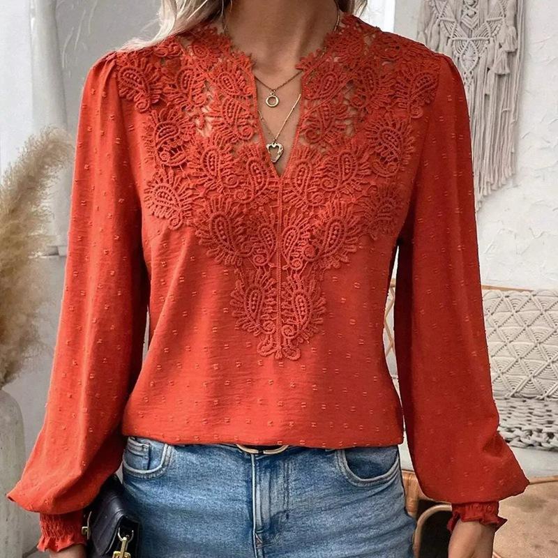 

Women s V-Neck Lace Embroidered Patchwork Long-Sleeve Casual Shirt Top L
