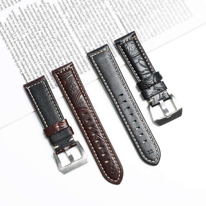 Vintage Crazy Horse Genuine Leather Watch Strap 22mm, Embossed Top Layer Cowhide Sport Band for Panerai