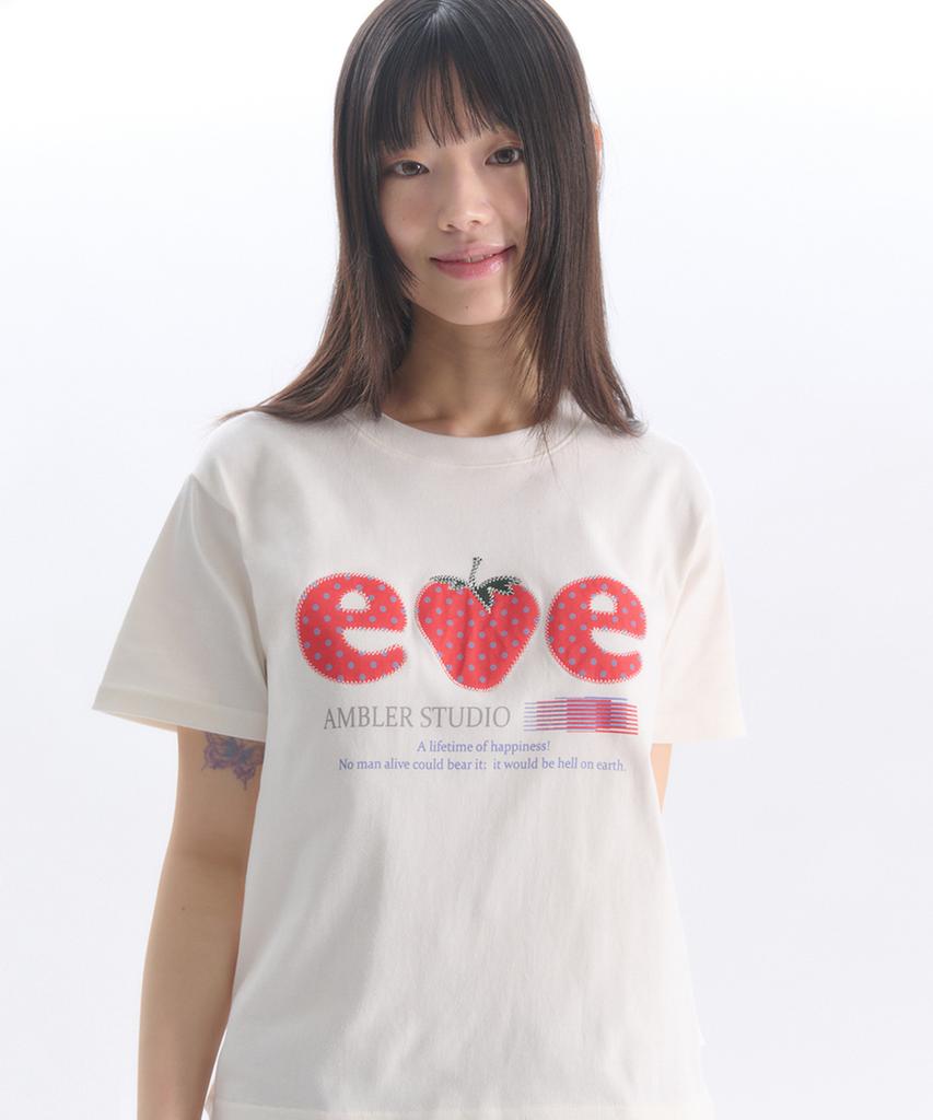 AMBLER Strawberry Applique Embroidery Short Sleeve T-Shirt As1308 (Ivory)