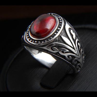 Retro Resin Red Gem Mongolian Flower Pattern Ring For Men Zinc Alloy Color Punk Gothic Adjustable Ring Unisex Zircon Accessories