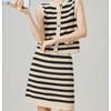 Schwarz Gestreift Ärmellose Strickweste und Rock Zweiteiliges Set Für Damen Sommer Pullover Cardigan und Kurzer Rock Set