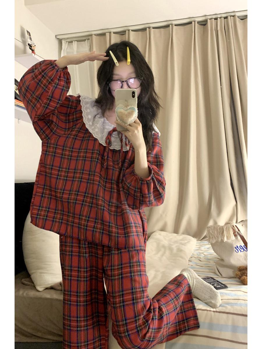 

Женский пижамный комплект в красную клетку с кружевной отделкой - Длинный рукав и брюки One Size